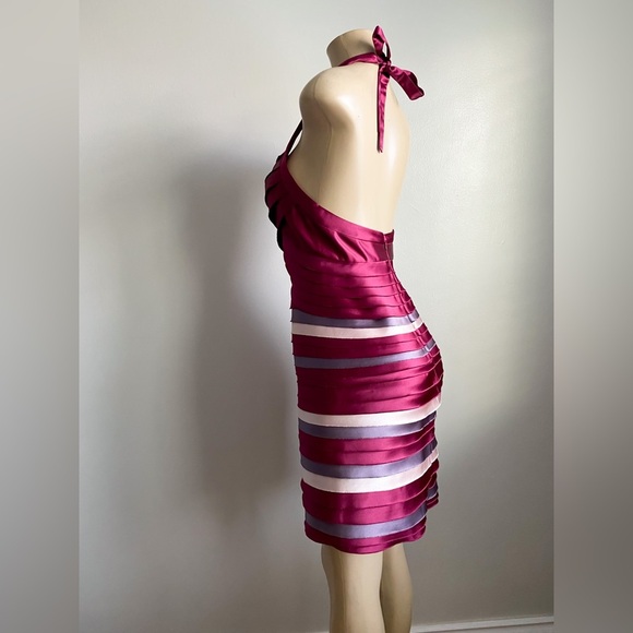 BCBGMAXAZRIA Satin Tiered Halter Y2K Mini Bodycon Backless Shutter Pleatef Dress - Picture 7 of 11